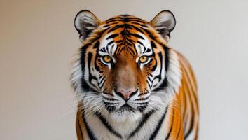 A tiger is standing in front of a white background photo