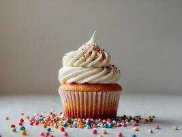 A cupcake with white frosting and sprinkles photo