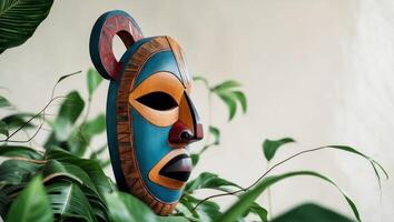 A colorful african mask is sitting on top of a plant photo