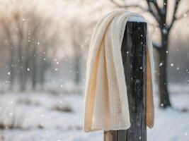 A white scarf is hanging on a pole in the snow photo