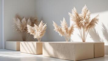 Three boxes with plants on them in a room photo