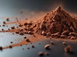 Cocoa Powder Scattered on a Dark Surface Showcasing Texture and Color Variations photo