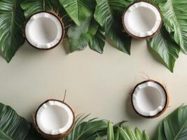 Fresh Coconut Halves Surrounded by Lush Green Leaves on Light Background Ideal for Tropical Themes photo