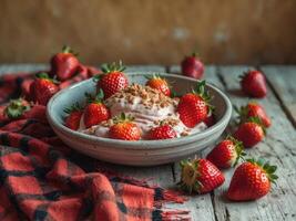 Fresh strawberries with creamy topping served in a bowl on a wooden table surrounded by more strawberries and a checkered cloth photo