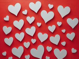 A red background with a bunch of hearts scattered around it photo