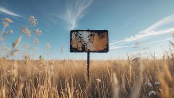 A burnt sign in the middle of a field with overgrown grass and weeds photo