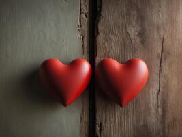 Valentine's day background with two red hearts on wooden background photo