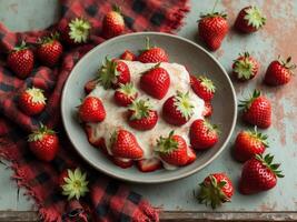 Fresh strawberries with creamy topping served in a bowl on a wooden table surrounded by more strawberries and a checkered cloth photo