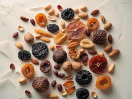 Assorted dried fruits and nuts on white background photo