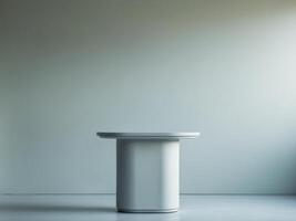 A white table in front of a wall photo