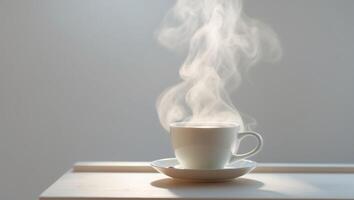 A cup of coffee is on a table with steam coming out photo