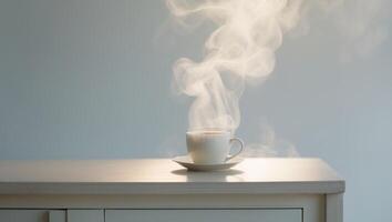 A cup of coffee on a table with steam coming out of it photo