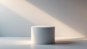 A white cylinder on a table in front of a wall photo