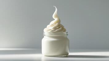 A jar of yogurt with whipped cream on a table photo