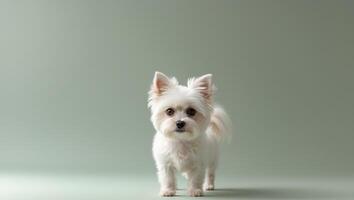 A small white dog standing on a green background photo