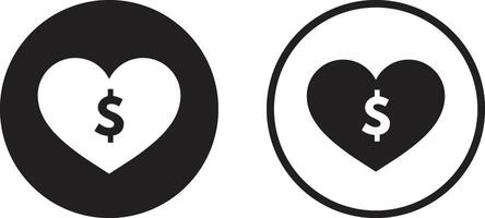 Heart with dollar icon set in two styles . Support with money icon . Donate icon vector