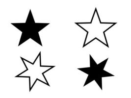 Four distinct star shapes are presented in varying styles, featuring solid and outlined designs for decor, backdrop, display, greeting, vector