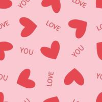 Simple red hearts seamless pattern with the words love you on a pink background. Suitable for gift wrapping or greeting card for Valentine's Day. EPS10 vector