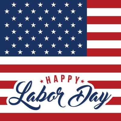 Labor Day greeting card with brush stroke background in United States national flag colors and hand lettering text Happy Labor Day. illustration.