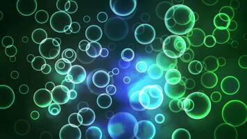 Abstract green background moving particles in blur bokeh effect. circle soap. light shiny bubbles. video