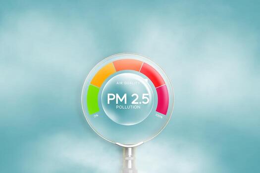 Smog of pollution, poor air quality Causes serious disease. Pollution concept, PM 2.5 dust, poor natural weather conditions. Magnifying glass to check dust values with words pm 2.5 on blue background photo