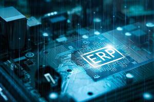ERP enterprise resource and planning concept. Enterprise resource planning. Business concept. AI and future modern technology. Virtual digital ERP screen display panel. photo