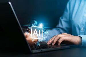 Businessman using computer of AI tools. Chatbot, chat with AI, smart robot technology Learning of digital chatbot tools Global future connectivity innovations to create something or solve photo