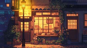 pixel art style dans de face de bâtiment, pluie nuit, chaud confortable rue lampe. boucle video