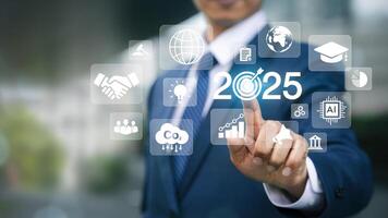 New Year 2025 Goal Action Plan. Businessman planning finance and strategy with target icons. Business plan, ai, future, teamwork. Concept of preparing for new year changes and start strategy idea. photo