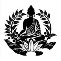 statue of buddha sits on a rock with flowers vector