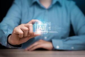 Businessman using AI tools, intelligent robot technology Learning of digital chatbot tools Young man's hand touching artificial intelligence technology Ai. Big data, Innovative, futuristic and global photo