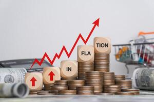 Inflation concept Inflation soars with recessions and crises. Graph of rising inflation, taxes, food and drinks. Graph with arrow icons on wooden blocks white background photo