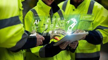 Industrial engineer controls intelligent robots of digital factory. Industrial revolution, Robot control engineer, Automatic arm machinery. Teamwork to collaborate on new projects with AI system. photo