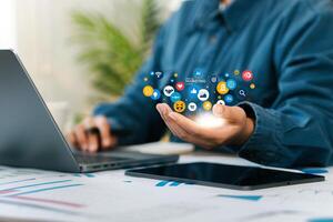 Digital Online Marketing Sales Concept Analyst Using Internet Connection Technology and Digital Marketing. Customer Networking with Holographic Virtual Hand Icon. photo