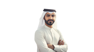 Smiling Arabic Handsome Man Standing with Hand Crossed . Generativve AI. png