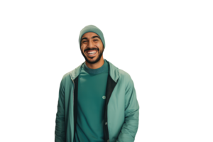 Closeup Portrait of Big Smiling on Handsome Man Face and Wearing Green Beanie Cap and Jacket. . png