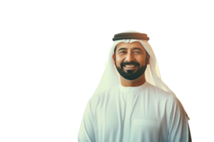Closeup Portrait of Smiling Beared Man Wearing White Thobe and Gutra Created By Character . png