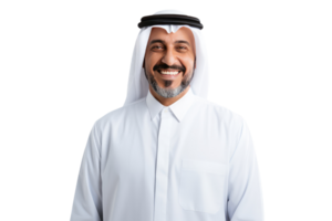 Closeup Portrait of Smiling Beared Man Wearing White Thobe and Gutra Created By Character . png