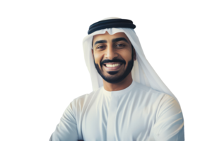 Closeup Portrait of Smiling Beared Man Wearing White Thobe and Gutra Created By Character . png