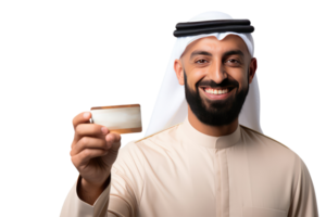 Close up of Business Portrait Arab Man Holding Blank Card with Copyspace. A Fictional Character Created By . png