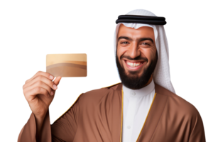 Close up of Business Portrait Arab Man Holding Blank Card with Copyspace. A Fictional Character Created By . png
