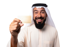 Close up of Business Portrait Arab Man Holding Blank Card with Copyspace. A Fictional Character Created By . png