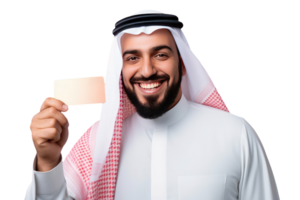 Close up of Business Portrait Arab Man Holding Blank Card with Copyspace. A Fictional Character Created By . png