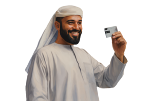 Close up of Business Portrait Arab Man Holding Blank Card with Copyspace. A Fictional Character Created By . png
