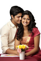 A Embracing Young Couple Sitting a Table with Flower and Card, Created By . png
