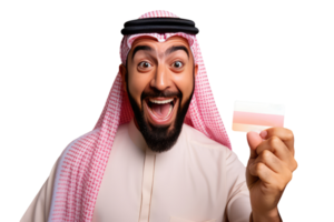 Close up of Business Portrait Arab Man Holding Blank Card with Copyspace. A Fictional Character Created By . png
