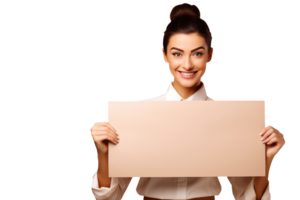 Cute Smile on Young Woman Face and Holding Empty Placard for Your Insert Message. A Fictitious Character Created By . png