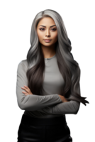 Beautiful Female Standing without Emotions with Crossed Hands Over All in Grey Color. A Fictitious Character Created By . png
