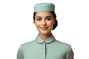 Positive Stewardess with Smile on Face in Grey Uniform. A Fictitious Character Created By . png