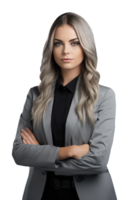 Beautiful Young Businesswoman Looks Camera without Emotions with Crossed Hands and Grey Hair. A Fictitious Character Created By . png